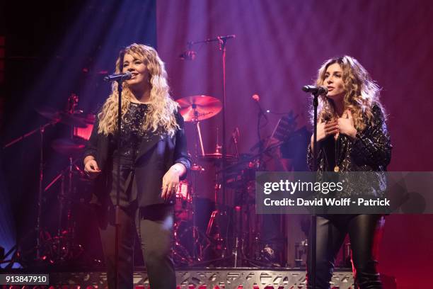 Chimene Badi and Julie Zenatti perform at Le Bataclan on February 3, 2018 in Paris, France.