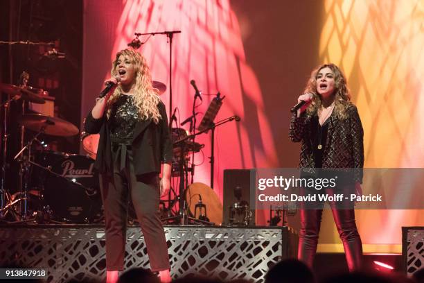 Chimene Badi and Julie Zenatti perform at Le Bataclan on February 3, 2018 in Paris, France.