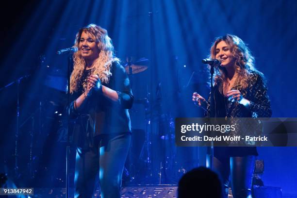 Chimene Badi and Julie Zenatti perform at Le Bataclan on February 3, 2018 in Paris, France.