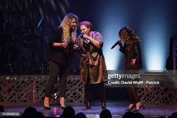 Chimene Badi, Samira Brahmia, and Julie Zenatti perform at Le Bataclan on February 3, 2018 in Paris, France.