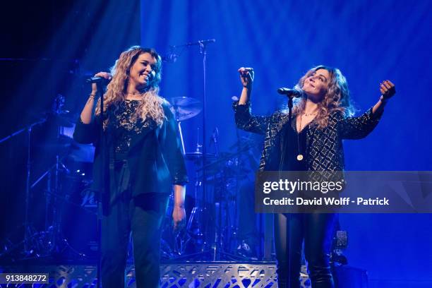 Chimene Badi and Julie Zenatti perform at Le Bataclan on February 3, 2018 in Paris, France.