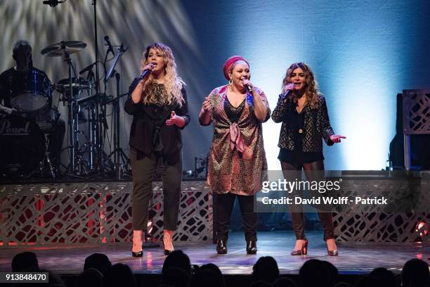 Chimene Badi, Samira Brahmia, and Julie Zenatti perform at Le Bataclan on February 3, 2018 in Paris, France.
