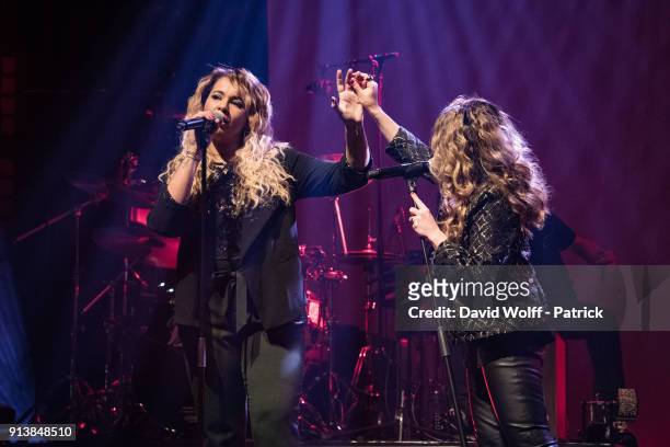 Chimene Badi and Julie Zenatti perform at Le Bataclan on February 3, 2018 in Paris, France.