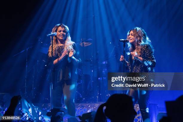 Chimene Badi and Julie Zenatti perform at Le Bataclan on February 3, 2018 in Paris, France.