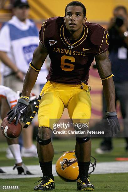 Wide receiver Kyle Williams of the Arizona State Sun Devils reacts after scoring a fourth quarter touchdown against the Oregon State Beavers during...