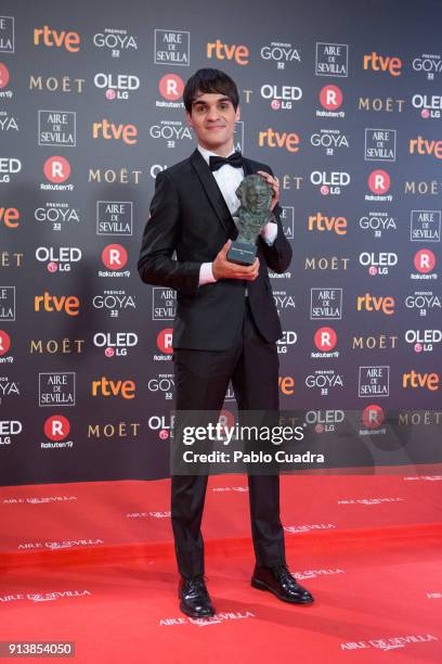 Eneko Sagardoy holds the best new actor award for the film Handia during the 32nd edition of the Goya Cinema Awards at Madrid Marriott Auditorium on...