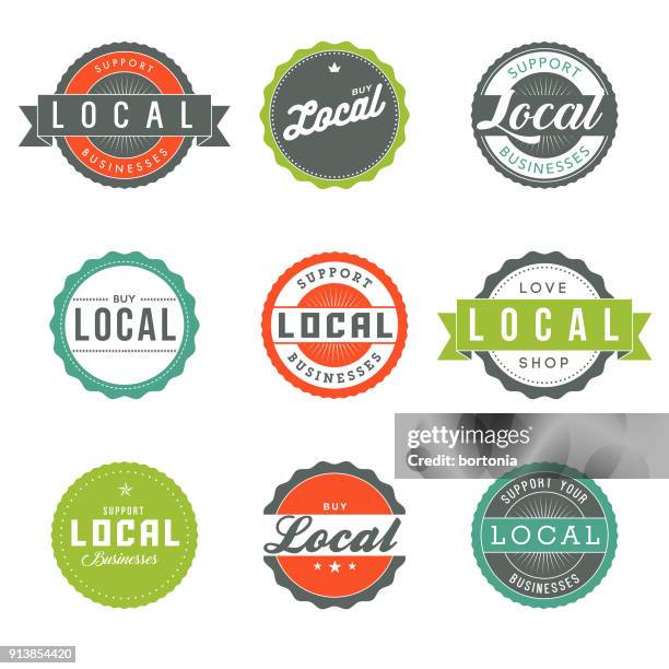 ilustraciones, imágenes clip art, dibujos animados e iconos de stock de comprar local etiquetas retro icon set - consumo responsable