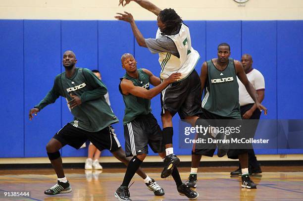 Boston Celtics Kevin Garnett, Ray Allen, Marquis Daniels, and Kendrick Perkins play during an inter-squad game October 3, 2009 at Salve Regina...