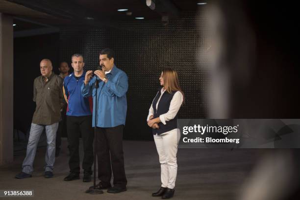 Jorge Rodriguez, Venezuela's information minister, from back left, Tareck El Aissami, Venezuela's vice president, Nicolas Maduro, Venezuela's...