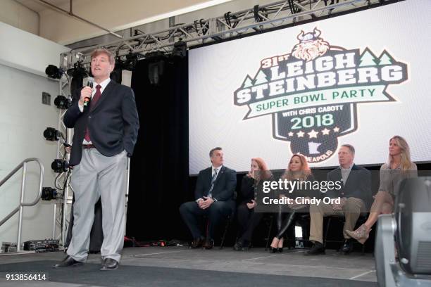 Leigh Steinberg, Gus Frerotte, Jackie Garrick, Alicia Duerson, Gil Van Bokkelen and Rianne Schorel speak onstage during Leigh Steinberg Super Bowl...