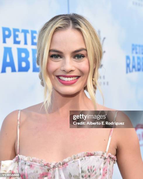 Actress Margot Robbie attends the premiere of Columbia Pictures' "Peter Rabbit" at The Grove on February 3, 2018 in Los Angeles, California.