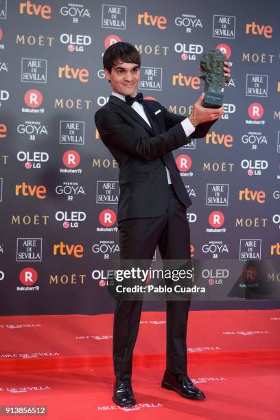 Eneko Sagardoy holds the best new actor award for the film Handia during the 32nd edition of the Goya Cinema Awards at Madrid Marriott Auditorium on...
