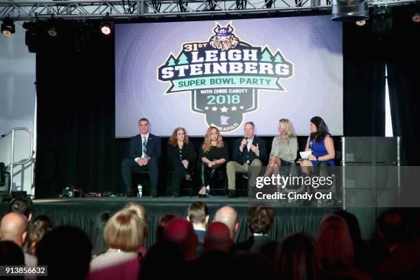 Gus Frerotte, Jackie Garrick, Alicia Duerson, Gil Van Bokkelen, Rianne Schorel and Jessica Schwartz speak onstage during Leigh Steinberg Super Bowl...