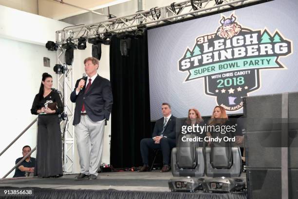 Nicole Fisher, Leigh Steinberg, Gus Frerotte, Jackie Garrick and Alicia Duerson speak onstage during Leigh Steinberg Super Bowl Party 2018 on...