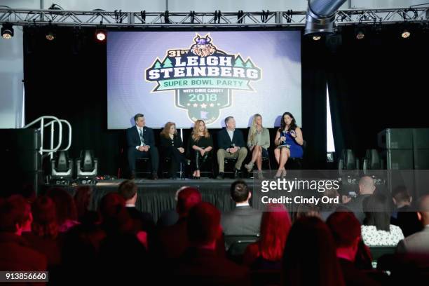 Gus Frerotte, Jackie Garrick, Alicia Duerson, Gil Van Bokkelen, Rianne Schorel and Jessica Schwartz attend speak onstage during Leigh Steinberg Super...
