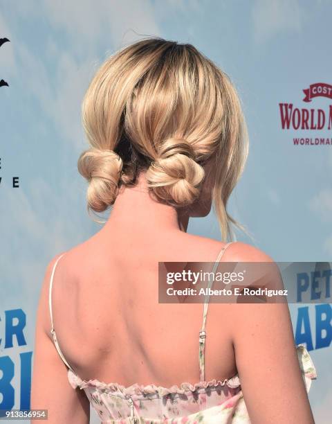Actress Margot Robbie, hair detail, attends the premiere of Columbia Pictures' "Peter Rabbit" at The Grove on February 3, 2018 in Los Angeles,...
