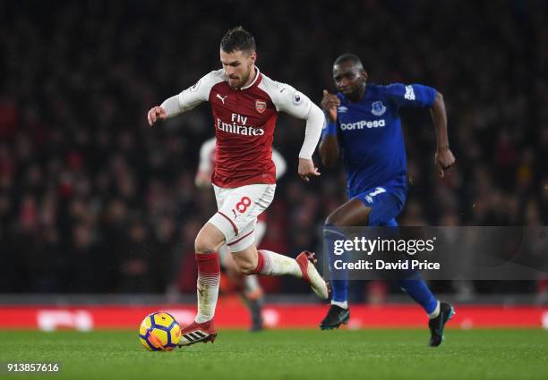 Aaron Ramsey of Arsenal takes on Eliaquim Mangala of Everton during the match the Premier League match between Arsenal and Everton at Emirates...