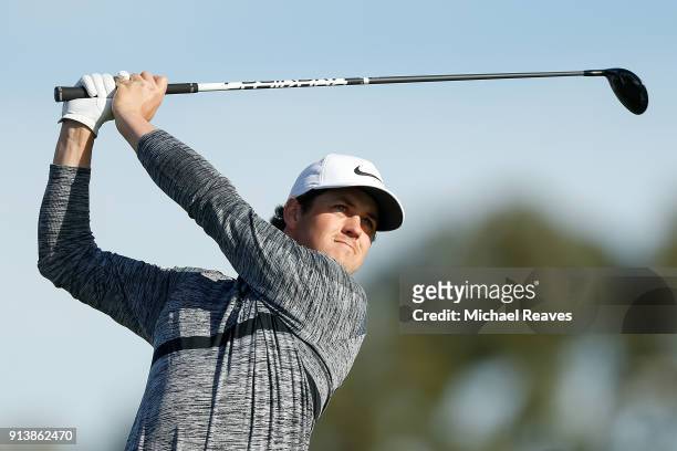 Cody Gribble plays his shot from the second tee during the third round of the Farmers Insurance Open at Torrey Pines South on January 27, 2018 in San...