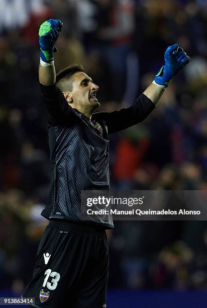 Oier Olazabal of Levante celebreates during the La Liga match between Levante and Real Madrid at Ciutat de Valencia on February 3, 2018 in Valencia,...