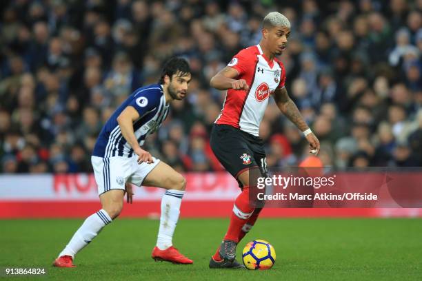 Mario Lemina of Southampton in action with Claudio Yacob of West Bromwich Albion during the Premier League match between West Bromwich Albion and...