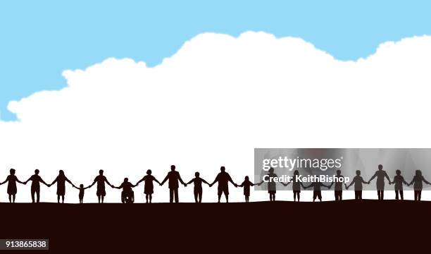 gemeinschaft, menschen in einer reihe, die hand in hand - hände halten stock-grafiken, -clipart, -cartoons und -symbole