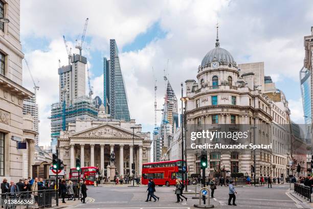 city of london financial district with royal exchange building, london, england, uk - city di londra foto e immagini stock