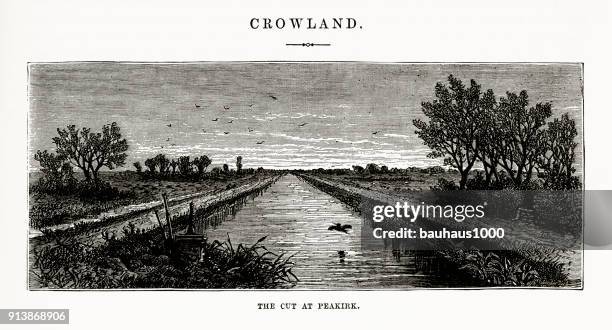 crowland, the cut at peakirk victorian engraving, circa 1840 - estuary stock illustrations