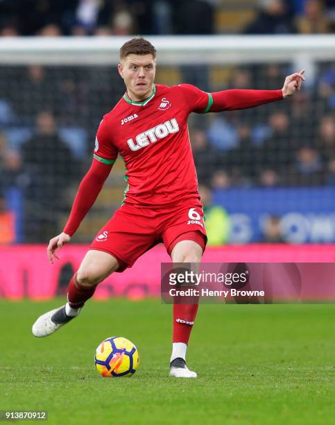 Alfie Mawson of Swansea City during the Premier League match between Leicester City and Swansea City at The King Power Stadium on February 3, 2018 in...