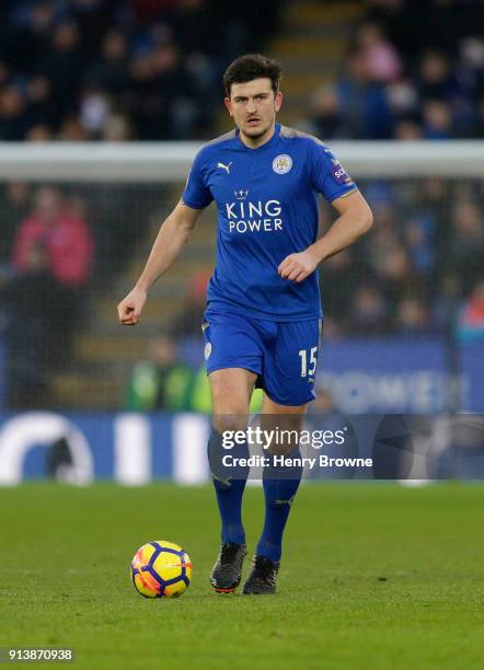 Harry Maguire of Leicester City during the Premier League match between Leicester City and Swansea City at The King Power Stadium on February 3, 2018...
