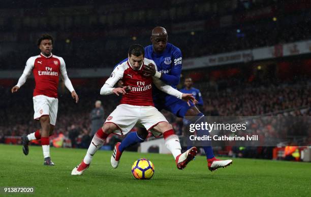 Henrikh Mkhitaryan of Arsenal and Eliaquim Mangala of Everton during the Premier League match between Arsenal and Everton at Emirates Stadium on...