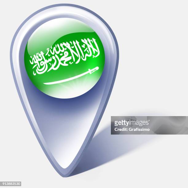 saudi arabia button map pointer with flag isolated on white - saudi arabian flag stock illustrations