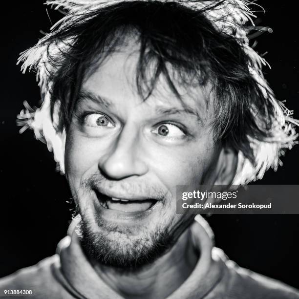 middle-aged man making mouths, crazy portrait, black and white - a fool stock pictures, royalty-free photos & images
