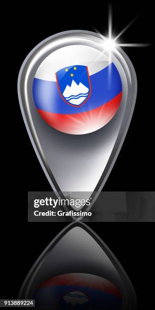 slovenia button map pointer with slovenian flag isolated on black - slovenian flag stock illustrations
