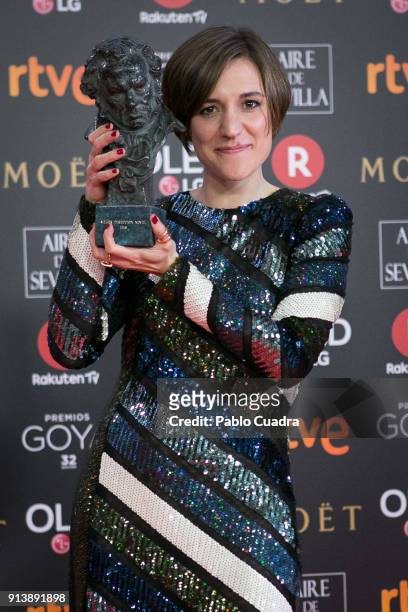 Carla Simon holds the best new director award for the film Verano 1993 during the 32nd edition of the Goya Cinema Awards at Madrid Marriott...