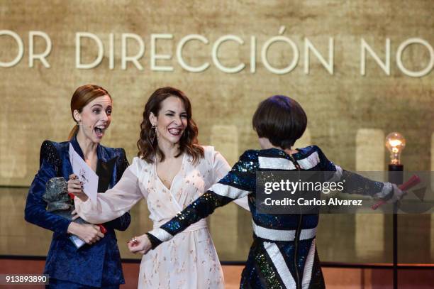 Leticia Dolera, Carla Simon and Paula Ortiz attend the 32nd edition of the 'Goya Cinema Awards' ceremony at Madrid Marriott Auditorium on February 3,...