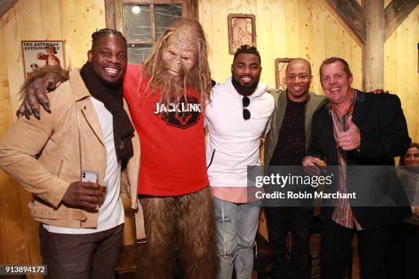 Sean Weatherspoon, Jack Link's Sasquatch, Landon Collins, Tyler Lockett and Troy Link attend the new Jack Link's Legend Lounge to kick-off the Super...