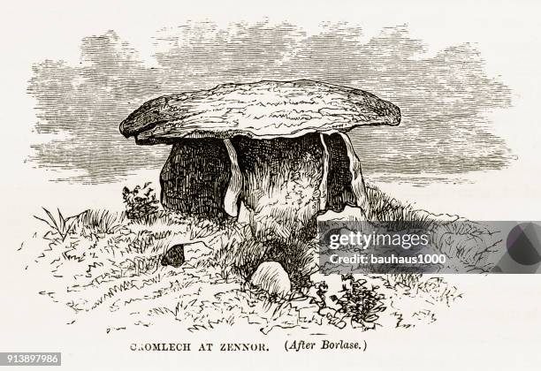 cromlech at zennor, cornwall, england victorian engraving, circa 1840 - dolmen stock illustrations