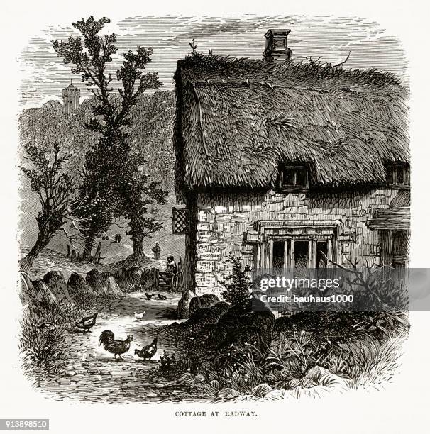 stroh dach cottage in viktorianischen gravur radway, england, um 1840 - thatched roof stock-grafiken, -clipart, -cartoons und -symbole