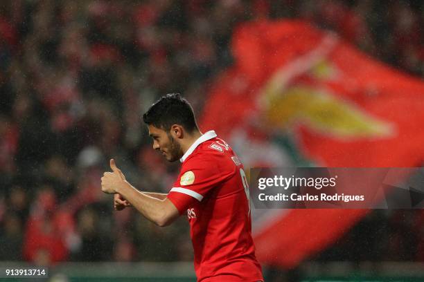 Benfica forward Raul Jimenez from Mexico celebrates scoring Benfica fifth goal during the match between SL Benfica and Rio Ave FC for the Portuguese...