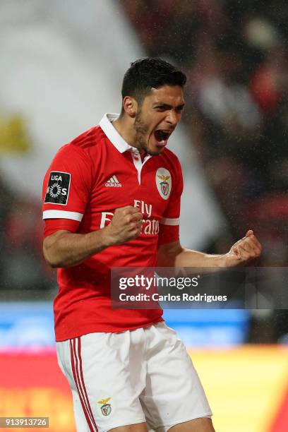 Benfica forward Raul Jimenez from Mexico celebrates scoring Benfica fifth goal during the match between SL Benfica and Rio Ave FC for the Portuguese...
