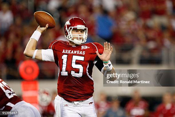 Quarterback Ryan Mallett of the Texas A&M Aggies at Cowboys Stadium on October 3, 2009 in Arlington, Texas.