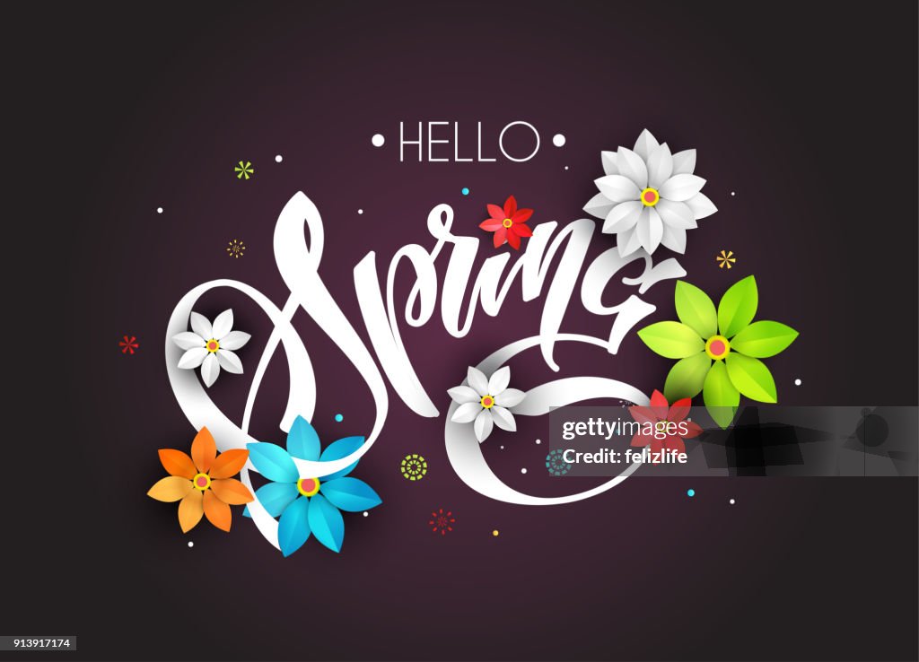 Floral Lettering Spring Brush Lettering Spring With Paper Flowers High-Res Vector Graphic ...