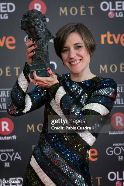 Carla Simon holds the best new director award for the film "Verano 1993" during the 32nd edition of the Goya Cinema Awards at Madrid Marriott...