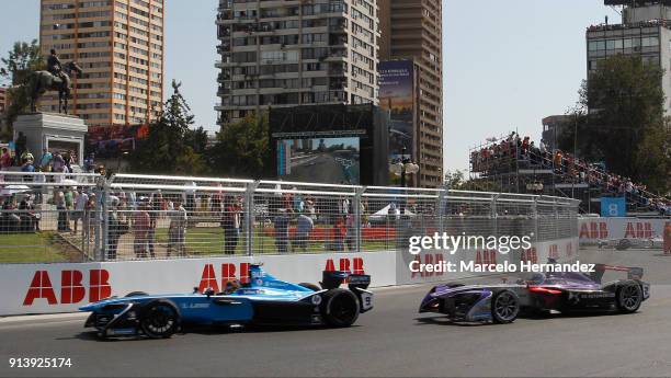 Nicolas Prost of France, Renault e.dams drives followed by Sam Bird of Britain, DS Virgin Racing during the ABB Formula-E Antofagasta Minerals...