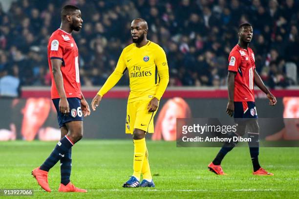 Ibrahim Amadou of Lille and Lassana Diarra of PSG during the Ligue 1 match between Lille OSC and Paris Saint Germain PSG at Stade Pierre Mauroy on...