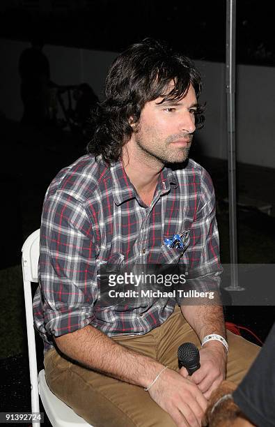 Musician Pete Yorn gets interviewed for radio at the Fifth Annual Johnny Ramone Tribute, held at the Hollywood Forever Cemetery on October 3, 2009 in...