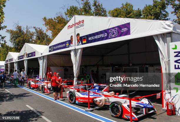 The Pit of the Mahindra Racing team is seen during the ABB Formula-E Antofagasta Minerals Santiago E-Prix on February 3, 2018 in Santiago, Chile.