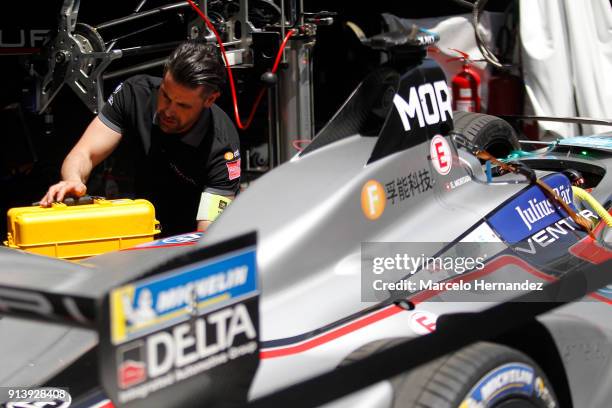 Mechanic works on Nelson Piquet Jr , Panasonic Jaguar Racing car during the ABB Formula-E Antofagasta Minerals Santiago E-Prix on February 3, 2018 in...