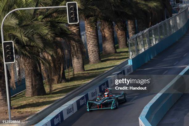 In this handout provided by Jaguar Racing - Mitch Evans , Panasonic Jaguar Racing, Jaguar I-Type II, in action during the Santiago ePrix, Round 4 of...