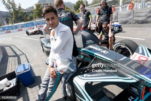 In this handout provided by Jaguar Racing - Mitch Evans , Panasonic Jaguar Racing, Jaguar I-Type II, on the grid during the Santiago ePrix, Round 4...